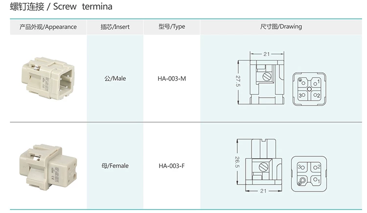 HA-003/004 3/4Pin Screw termina Small Insert  Heavy duty connector
