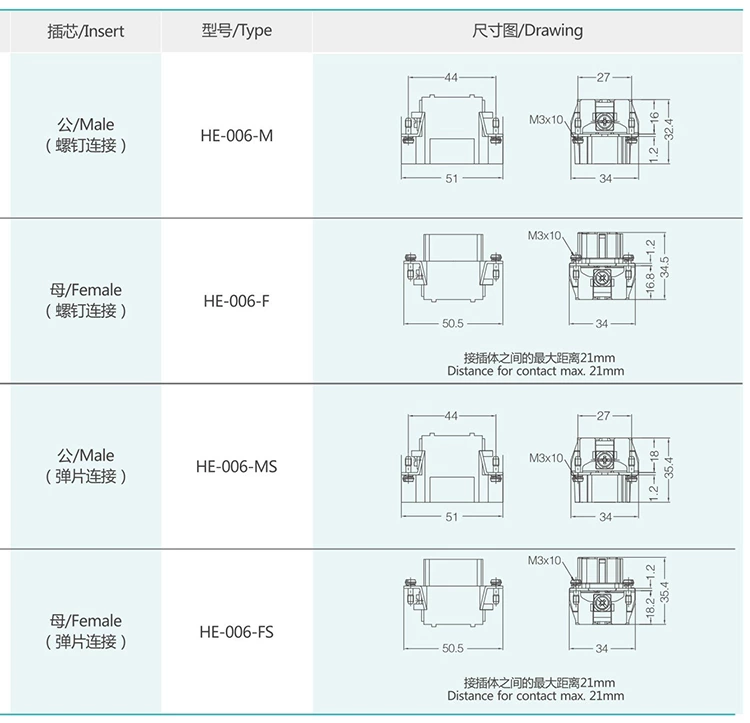 HE-006 6Pin Conventional Plug Heavy Duty Connector